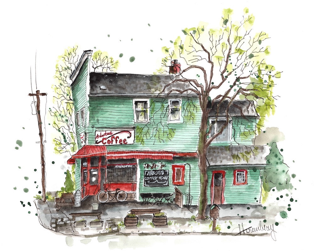 splashy watercolour painting of the green and red Arbutus Cafe in Vancouver BC