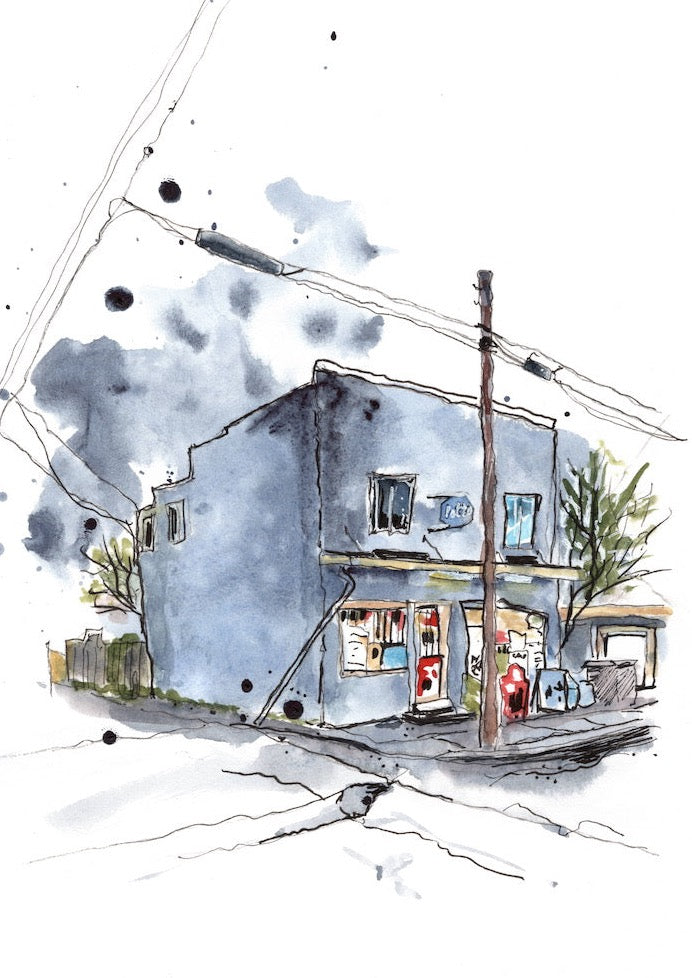 Corner store on E 35th in Vancouver painted in watercolour in a splashy style