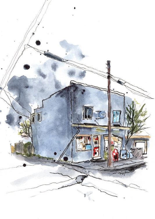 Corner store on E 35th in Vancouver painted in watercolour in a splashy style