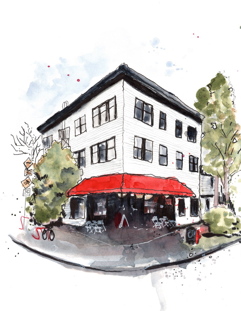 Parisian looking cafe with red awning in the heart of Vancouver, painted in watercolour