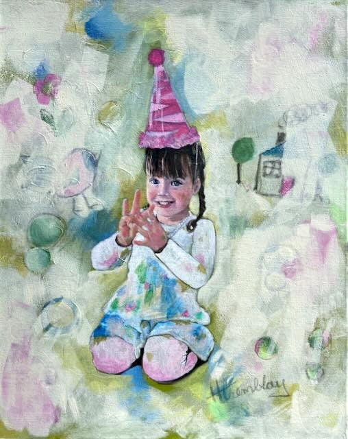 Custom Portrait in acrylic on canvas of a young girl on her birthday wearing a party hat. Painted from a photograph and added to a green background of childish drawings.