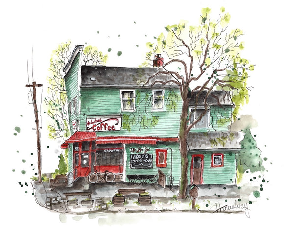 splashy watercolour painting of the green and red Arbutus Cafe in Vancouver BC
