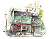 Loose watercolour painting of Arbutus Coffee in Vancouver BC