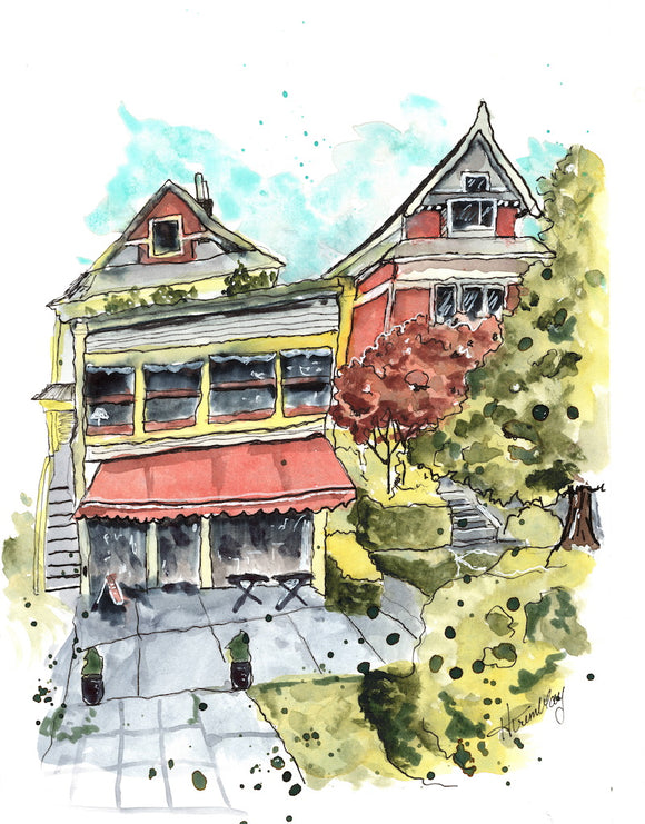 watercolour of a converted rust and yellow home, now a cafe in Vancouver