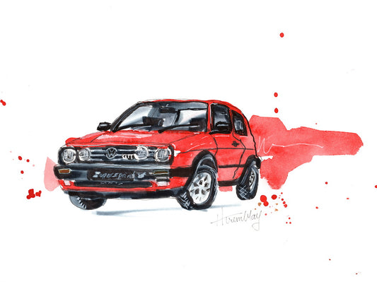 Red Golf GTI painted in pen and watercolour in a splashy style