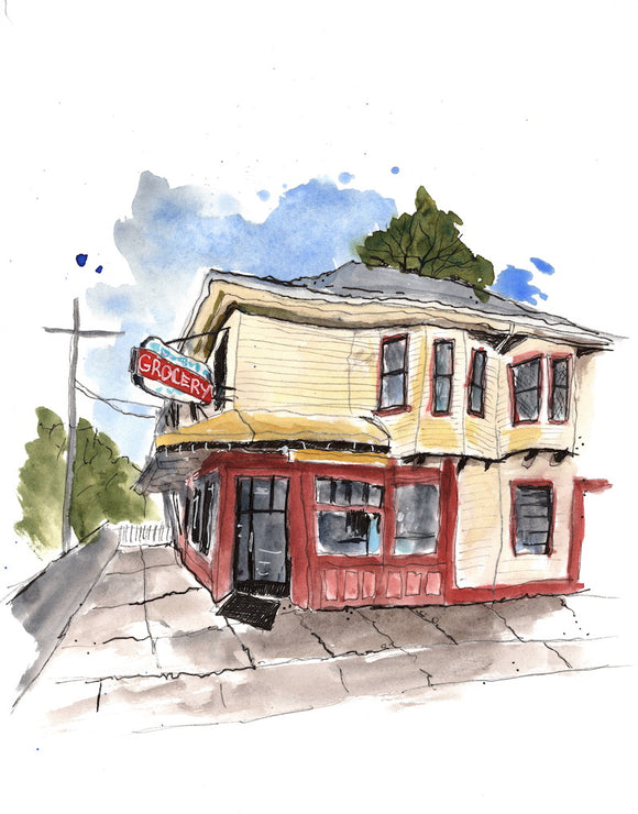 Watercolour painting of a corner store in Vancouver done in a splashy style