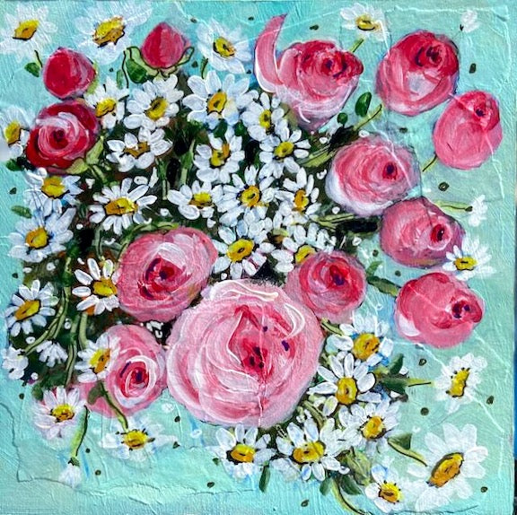 acrylic painting daisies and pink roses on a blue background abstracted style