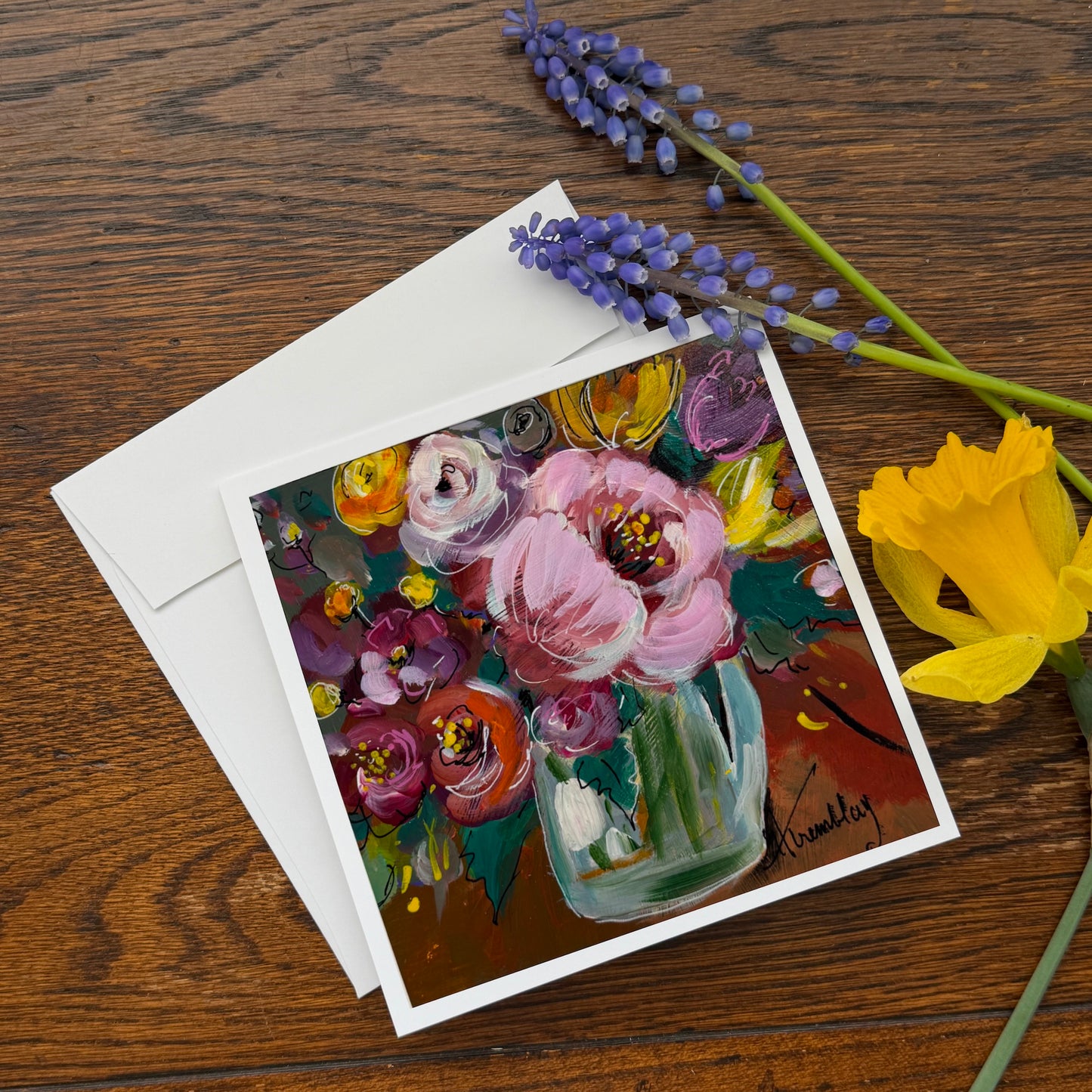 floral greeting card in pinks and yellows