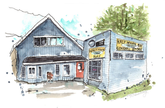 Halfmoon Bay General Store watercolour painting in blues and greens