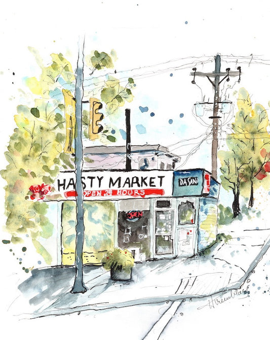 Watercolour painting of Hasty Market on Main Street in Vancouver done in a splashy style