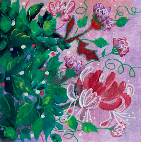 Red and white honeysuckle flowers and greenery painted in a splashy style on a pink background