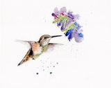 loose watercolour painting of a green hummingbird hovering near purple flowers