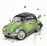 Loose watercolour painting of a green soft top Volkswagon Beetle car