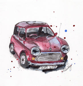 Loose watercolour image of a maroon Austin Mini Cooper 