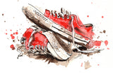 Loose watercolour painting of a pair of red sneakers