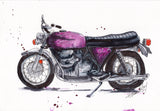 Loose watercolour painting of a purple motorcycle
