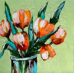 peachy tulips in a jar painted in acrylic on a green background in a fun abstract style