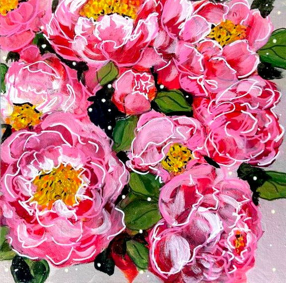 acrylic painting of bright pink and red peony flowers in an abstracted style