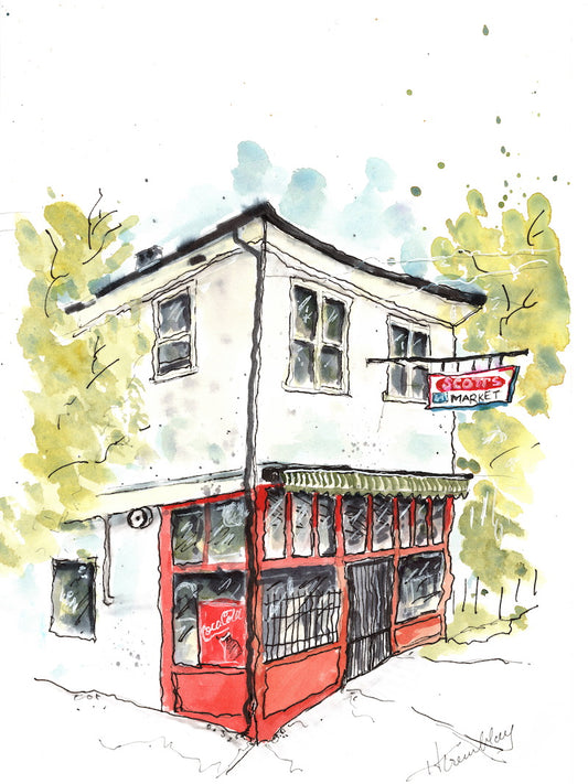 A local corner store in Vancouver in white and red painted in watercolours