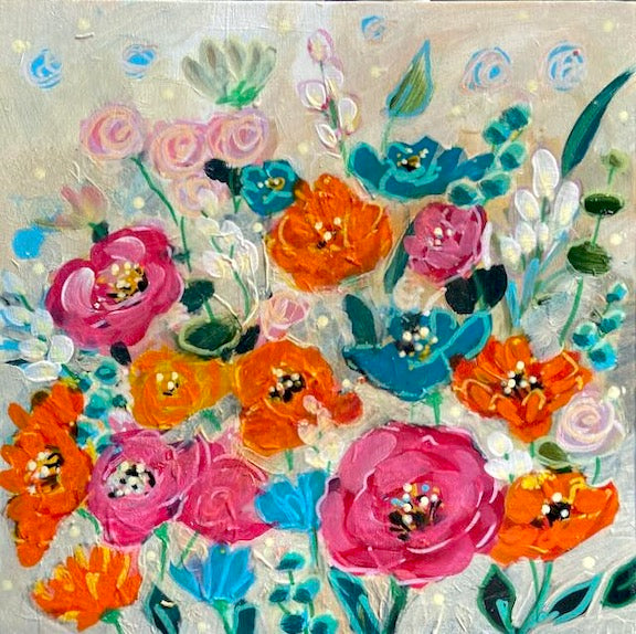acrylic painting of wild flowers in pinks, oranges, blues on a buff backgroun