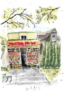 watercolour painting of a Vancouver market fronted with flowers, painted in a splashy style