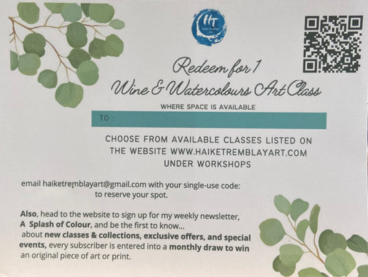Wine and Watercolours- Gift Certificate for 1 Art Class