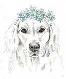 Memorial Pet Portrait on Seeded Paper with forget-me-not crown, in watercolour